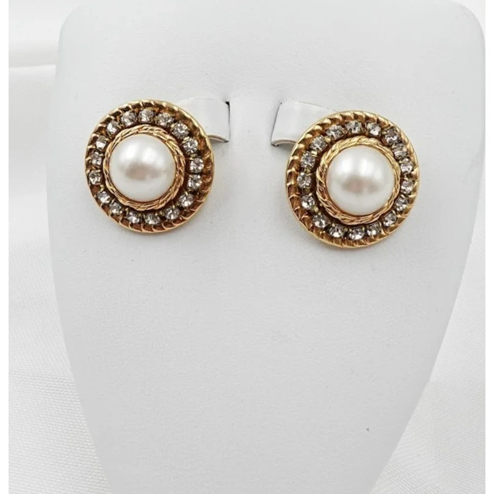 Vintage Rhinestone Halo Button Earrings Gold Tone Faux Pearl Dome Stud 80s Glam